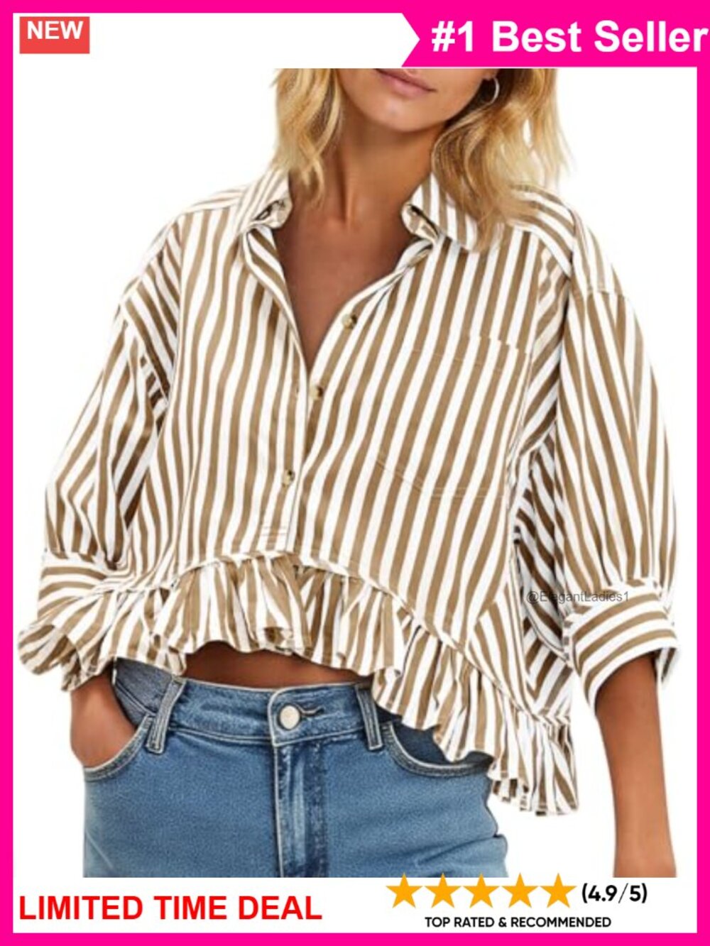 Womens Cropped Button Down Shirt Cotton Ruffle Neck 3/4 Sleeve Striped Blouse